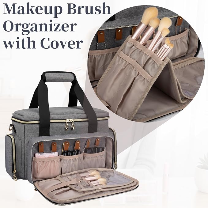 GDNasist Large Makeup Bag, Portable Travel Makeup Bag Organizer for Women Girls with 2 Removable Pouches & Detachable Dividers, Cosmetic Travel Bag, Toiletry Bag for Makeup and Hair Supplies Grey - Image 3