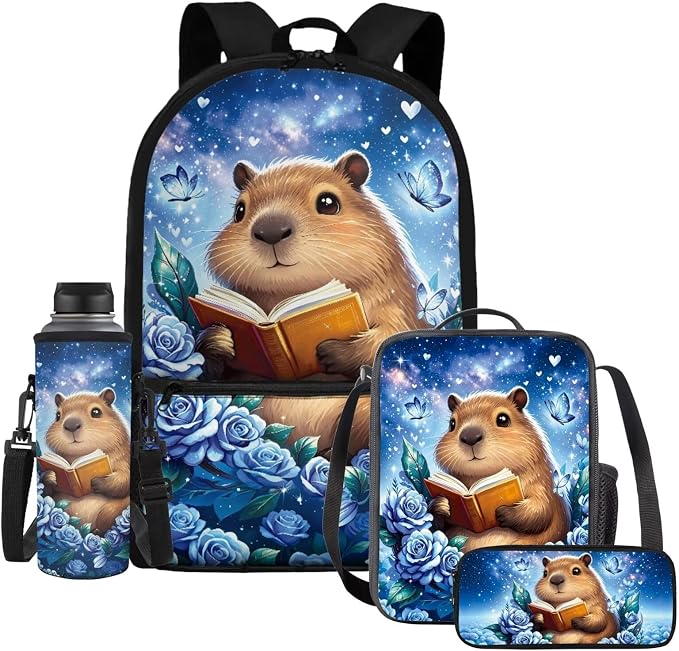 Cute Capybara Backpack Girls 4 Piece School Bag Set with Lunch Box and Pencil Case Kids Back to School Reading Animal Bookbag with Adjustable Padded Strap, 17 Inch by Dremagia