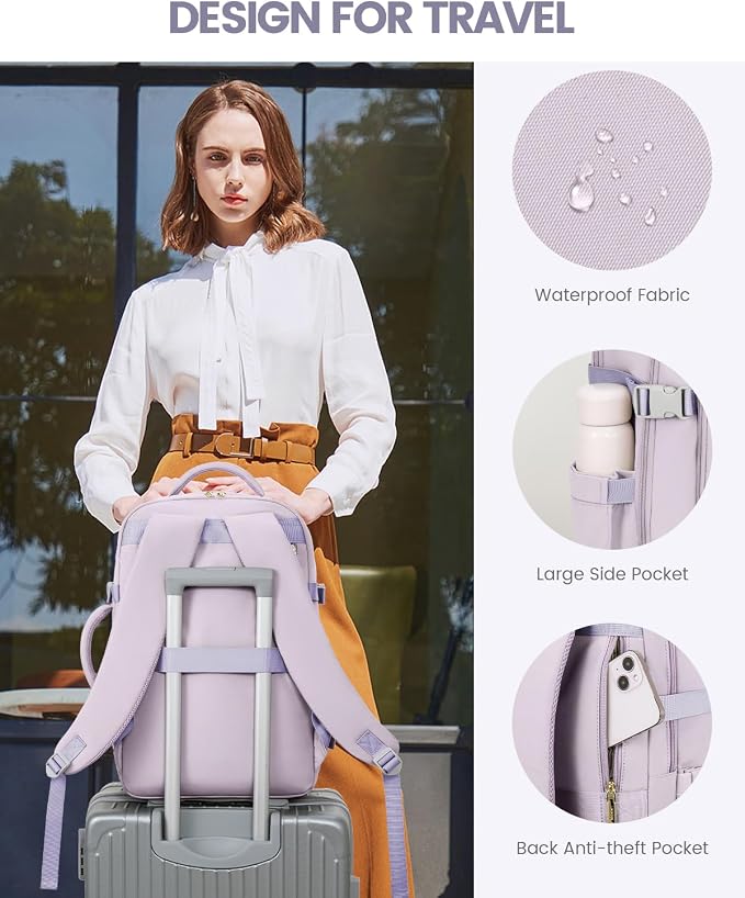 LOVEVOOK Travel Backpack For Women, 40L Carry On Backpack Flight Approved, TSA Personal Item Travel Bag Fits 17 Inch Laptop, Business Weekender Overnight Waterproof Daypack With 2 Cubes, Light Purple - Image 6