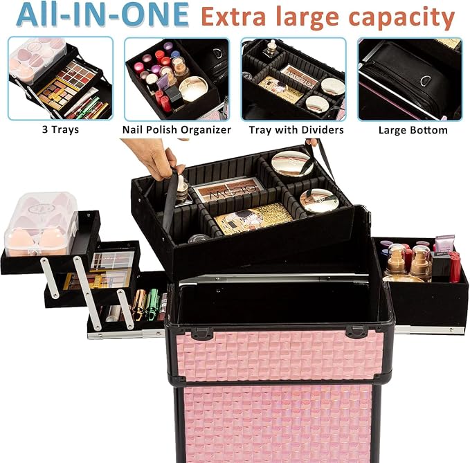 Arous Rolling Train Makeup Case Cosmetology Case on Wheels, Colorful | Cosmetic Travel Trolley 4 Tray with Sliding Rail Removable Middle Layer with Key Salon Barber Case Traveling Cart Trunk - Image 3