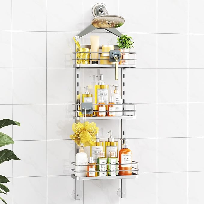 ODesign 3 Tier Adjustable Shower Organizer Hanging Over Head Silver | Shower organizer hanging,no drilling required,comes with removable hook and storage box, suitable for indoor showers by ODesign