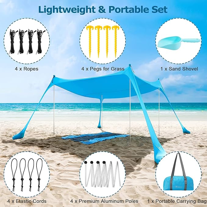 COMMOUDS Beach Tent Sun Shelter - UPF50+ Pop Up Beach Canopy with Sandbags & Sand Shovel & Windproof Poles, Portable Sun Shade for Beach, Camping, Picnics, Backyard - Image 6