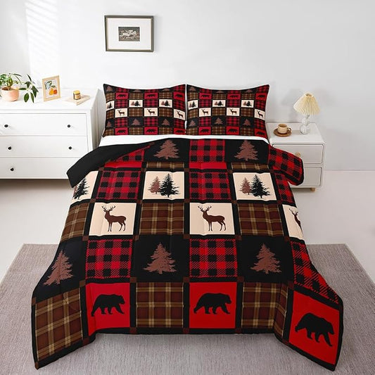 Rustic Deer Pattern Comforter Set Full,Elk Moose Bear Bedding Set for Farmhouse Decor,Buffalo Plaid Grid Down Comforter,Rustic Red Country Style Woodland Patchwork Quilted Comforter,2 Pillowcases by Erosebridal