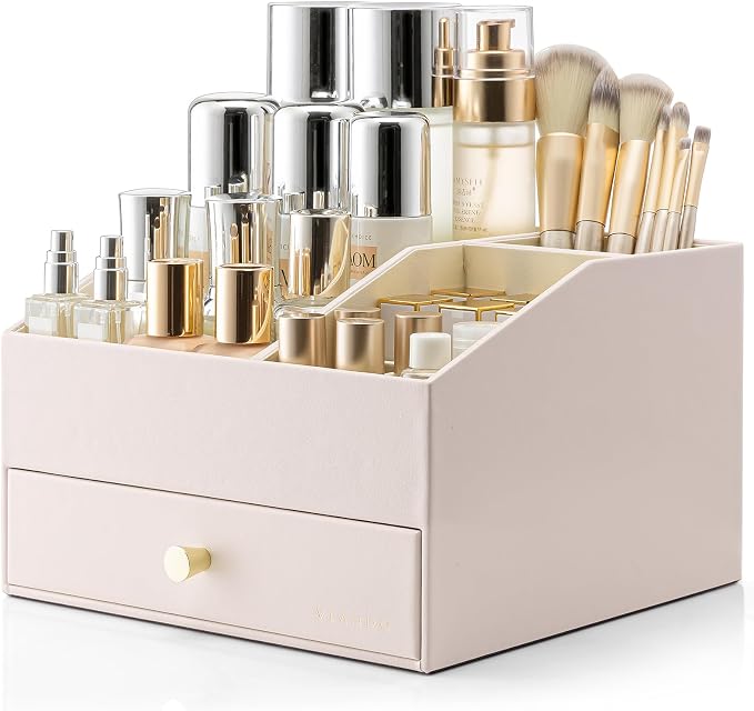 VLANDO Makeup Organizer,Vanity Organizer with Drawers, PU Leather Skincare Organizer Perfume Organizer,Large Cosmetic Display Case for Lipstick,Brushes Gifts for Women-Apricot White by VLANDO