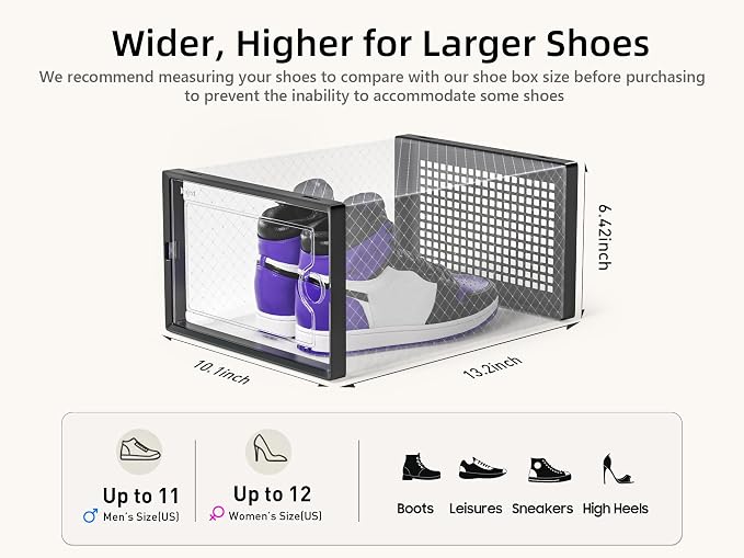 Kuject X-Large Shoe Storage Boxes Organizers Clear Plastic Stackable 12 Pack, Shoe Rack & Holder Substitute, Sneaker Containers, Toy Storage Organizer Bins for Entryway, Closet, Under Bed, Black - Image 3