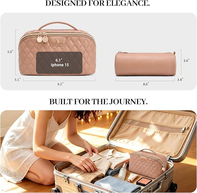 Travel Makeup Bags Cosmetic Organizer: 3Pcs Set Puffy Make up Bag for Women | Apricot Premium Quilted ELEGANCE Design | Large Capacity Leather Toiletry Bags | Wide Open Compact Case for Travel Essentials - Image 7
