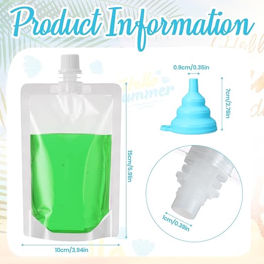 Patelai 150 Pieces Plastic Liquid Pouch Reusable Juice Pouches Travel Water Leak Proof Bags Bulk with Collapsible Silicone Funnel for Travel Outdoor (6 oz) - Image 3