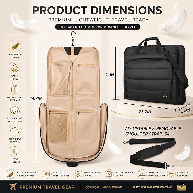 Travel Garment Bag for Women,Lightweight Puffy Carry on Garment Bag for Hanging Clothes,44.7'' Waterproof Travel Suit Bag with Shoulder Strap,2 in 1 Foldable Duffle Bag,Black - Image 5