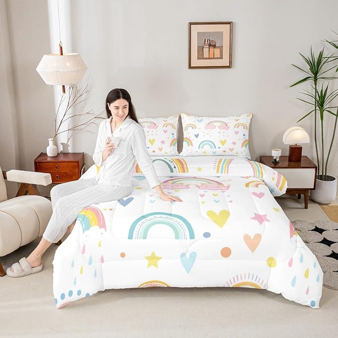 Erosebridal Rainbow Comforter Set 3Pcs, Kawaii Cartoon Cloud Quilt Iridescent Queen for Kids Girls Women Teens, Love Heart Duvet Insert Hand Drawn Style Down Comforter Girly Bedroom Decor,Colorful - Image 2
