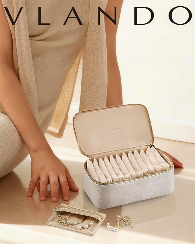 VLANDO Travel Jewelry Case,Jewelry Box with 12 Velvet Jewelry Pouch Jewelry Travel Organizer for Women Girl Jewelry Case Necklace Rings Earrings Bags Wedding Gifts (White) - Image 7