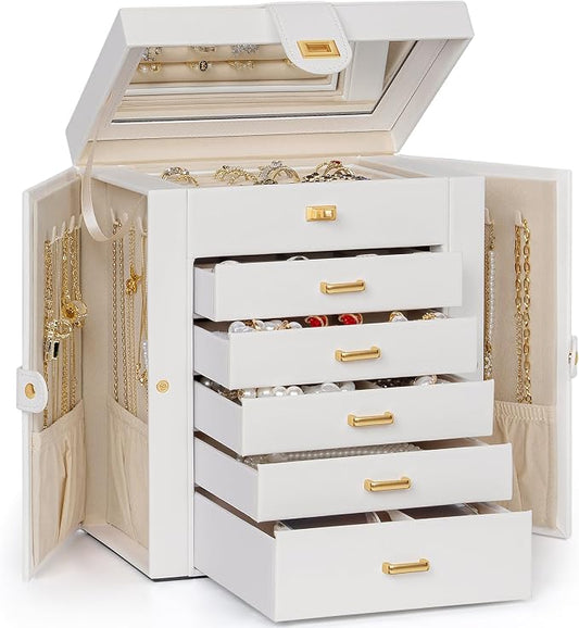 AKOZLIN 6-Tier Jewelry Box Organizer Functional 5 Drawers Leather Jewelry Storage Case for Women Girls Ring Necklace Earring Bracelet Holder Organizer with Mirror Medium White by AKOZLIN