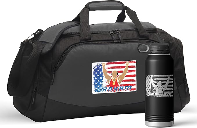 Personalized Wrestling Duffel Bag Set Engraved Water Bottle | Wrestling Design Custom Name Wrestler Boys Girls Birthday Christmas Gift (USA Wrestler, Charcoal/Black, Bag/Bottle Combo) by VitalSignsNW