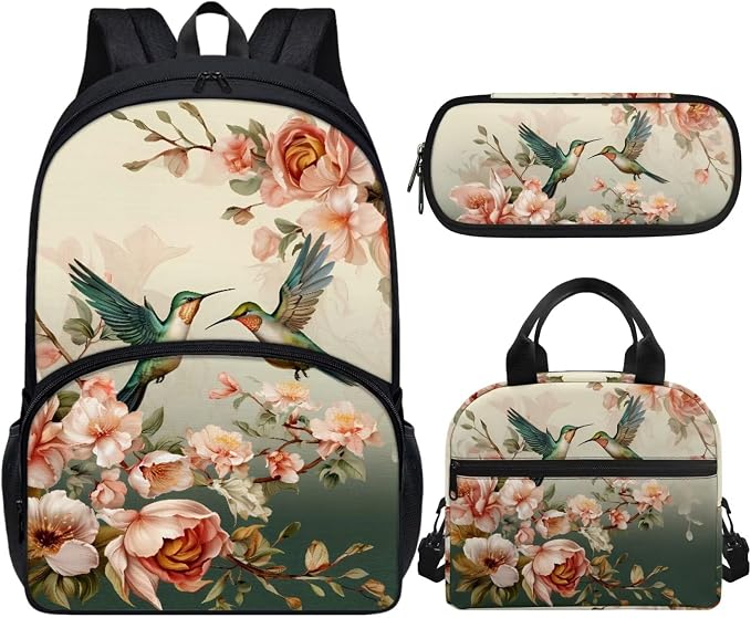 Humingbird Kids Backpack Girls Elementary School Floral School Bags for Teens 3 Pcs Set Travel Bookbag with Lunch Bag and Pencil Case for School by Vanideaoty