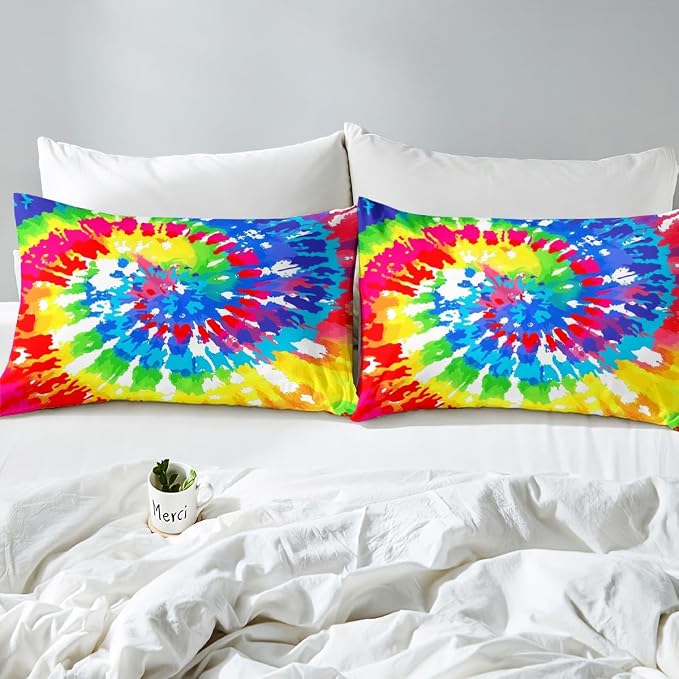 Erosebridal Tie Dye Bedding Full Size Colorful Rainbow Bedding Set with Zipper Ties Chic Hippie Style Girls Boys Duvet Cover for Adult Women Teen Tie Dye Decor Soft Microfiber Comforter Cover Set - Image 5