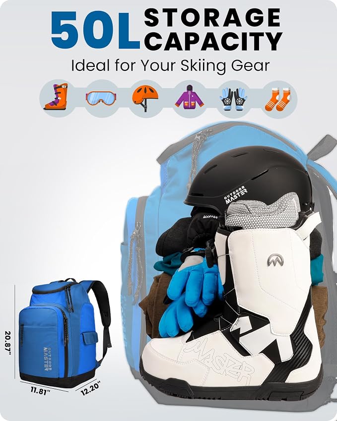 OutdoorMaster Ski Boot Bag, Ski and Snowboard Boots Travel Backpack with separate compartments for Helmet, Ski Shoes, Goggles, Gloves, and Accessories, Splash proof Exterior & Bottom - Image 2