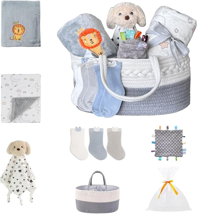 CREVENT Gift Set for Newborns -Diaper Caddy Organizer Basket with 2 Blankets, 1 Taggie, 1 Lovey, 3 Socks，1 Gift Bag with Ribbon - Welcome Essential Baby Shower (Neutral by CREVENT