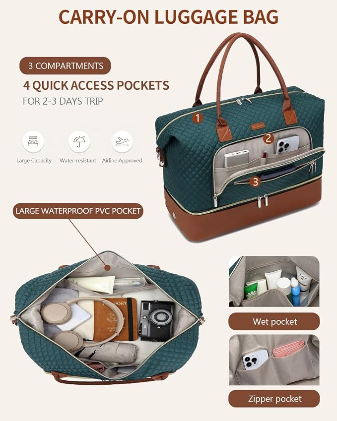 Weekender Bags for Women Travel, Under Seat Carry On Bags for Airplanes Overnight Bag with Shoe Compartment Luggage Sleeve, Foldie Travel Tote Bag Hospital Bag, Travel Gifts, Green Brown - Image 4