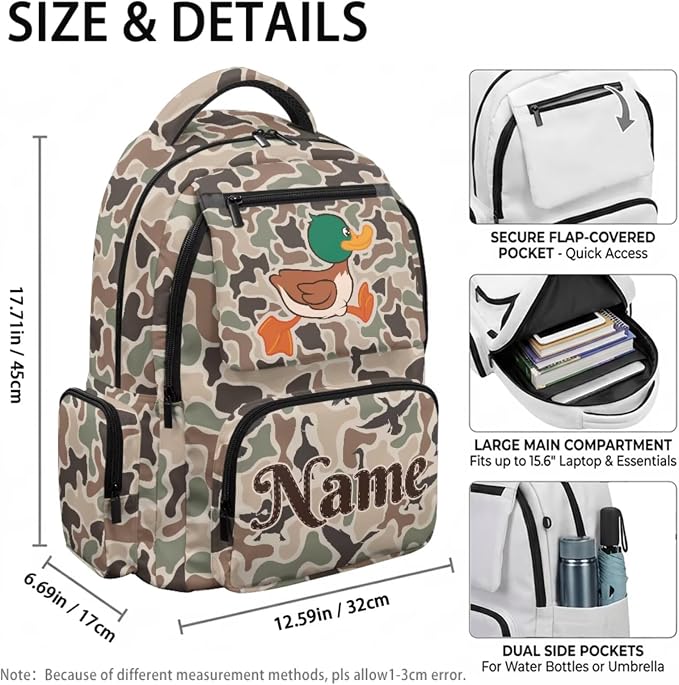 Custom Duck Camo Kids Backpack Set 4Pcs with Lunch Box, 17 Inch | Water Bottle Holder, Durable 600D Multi-Pocket Fabric, for Elementary Middle School Daily Travel and Outings - Image 4