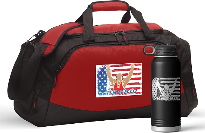 Personalized Wrestling Duffel Bag Set Engraved Water Bottle | Wrestling Design Custom Name Wrestler Boys Girls Birthday Christmas Gift (USA Wrestler, Red/Black, Bag/Bottle Combo) by VitalSignsNW