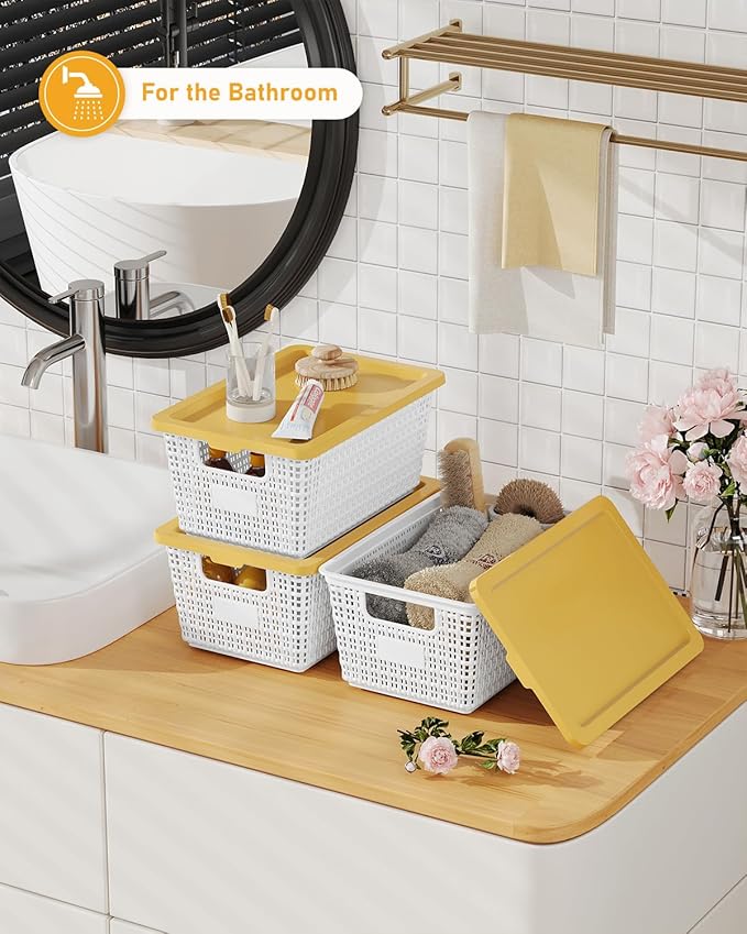 EOENVIVS Storage Bins Bakets with Lids 6 Pack, Stackable Organizer Bins for Small Spaces, Pantry, Closet & Bathroom, Secure Snap Lids, 11x7x5 Plastic Storage Containers for Shelf Organization, White - Image 5