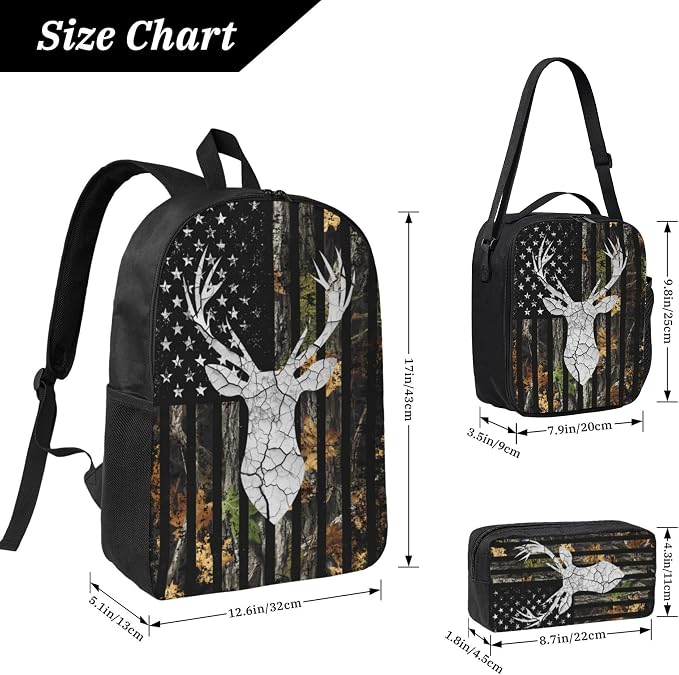 Deer Hunting Kid Backpack Set with Lunch Bag & Pencil Case Large Capacity School Bag 17 Inch Bookbag for Boy Girl - Image 3