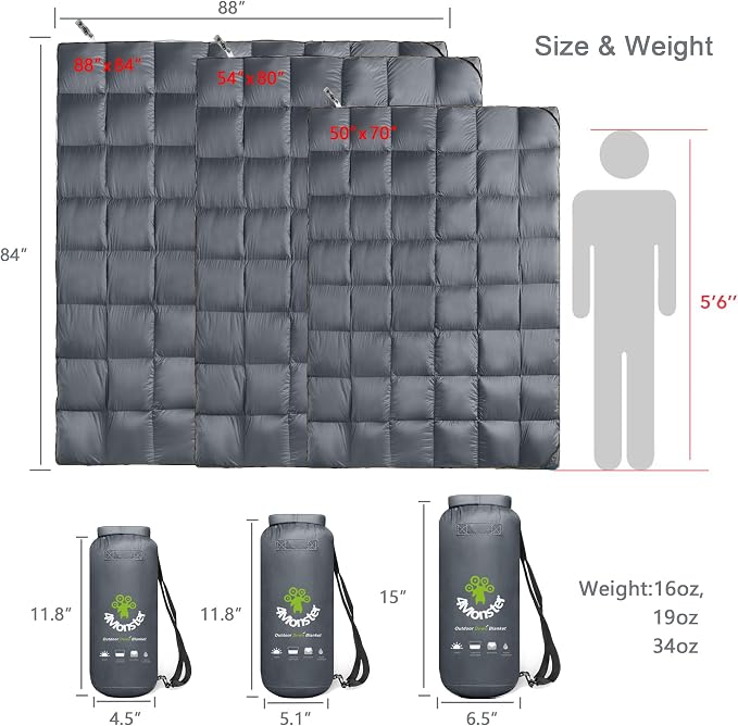 4Monster Down Camping Blanket, 650 Fill Power Ultralight Packable Puffy Blanket, Warm, Waterproof & Windproof Outdoor Quilt for Backpacking, Travel, Stadium, Beach - Image 5