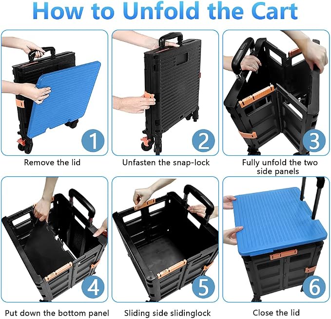 FELICON SELORSS Foldable Utility Cart Folding Portable Rolling Crate-Blue | Heavy Duty,Telescoping Handle,4 Rotate Wheels,Collapsible Handcart for Travel Shop Move Luggage Laundry Teacher Office Use - Image 4