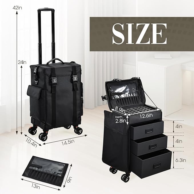 Stagiant Rolling Makeup Case 4 in 1 Soft Sided Professional Cosmetology Case on Wheels Freelance Makeup Artist Nylon Cosmetic Organize Storage Nail Technician Hair Stylist 3 Drawers Black - Image 6