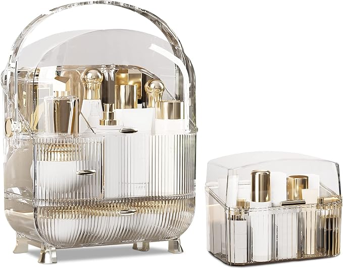 Ergocar Galatée Portable Retro Series Multi-Function Make Up Case Dustproof Cosmetic Storage Box,Cosmetics Skin Care Products Jewelry Organizer Finishing Box - High Transparency + Lipstick by Ergocar