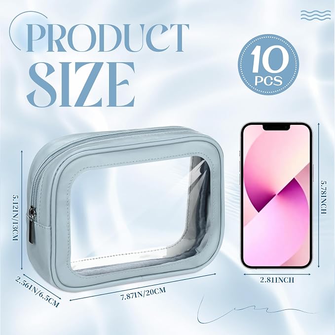 Abbylike 10 Pcs Clear Makeup Bags Bulk Tsa Approved Clear Toiletry Bags with Zipper PU Leather Waterproof Travel Makeup Organizer for Women Wedding Bridal DIY Gifts Bachelorette Party (Blue) - Image 3