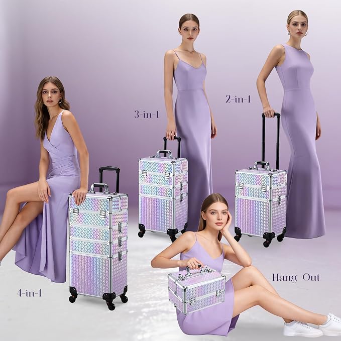 Stagiant Rolling Makeup Case Cosmetology Case on Wheels 4 in 1 Makeup Travel Case Extra Large Cosmetic Box with Key Make Up Artist Traveling Storage Nail Case Salon Barber Cart Trunk Pinkish Purple - Image 7