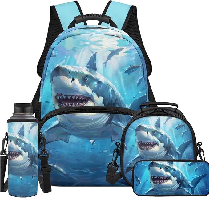 Blue Shark School Bags for Boys 7-10 Kids Backpack and Lunch Box Set for Elementary Preschool Student with Zipper Pencil Case Water Bottle Sleeve Lightweight Bookbags School Supplies by Unknown