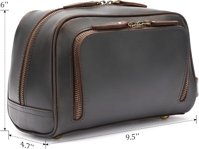 Polare Vintage Full Grain Leather Handmade Travel Toiletry Bag for Men - Dopp Kit - Shaving Kit with YKK Metal Zippers A-Dark Brown - Image 6