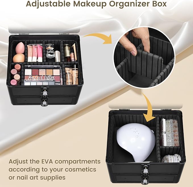 Faquenc Makeup Case with Drawer, Detachable Lighted LED Mirror, Makeup Organizer Box Travel Make up Vanity Case Portable Cosmetic Train Case for MUA Lockable Makeup Suitcase with Adjustable Dividers - Image 4