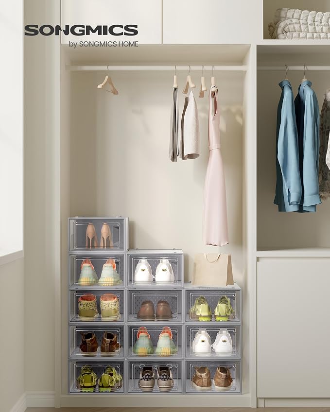 SONGMICS Shoe Boxes, Pack of 12 Shoe Storage Organizers, Stackable Clear Plastic Boxes for Closet, Sneakers, 13.1 x 9.1 x 5.6 Inches, Transparent and Gray ULSP006G12 - Image 2