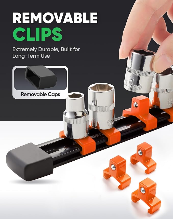 ALOANES 9PC Socket Organizer, Socket Rails Fit 1/2", 1/4" and 3/8" Drive | Heavy Duty ABS Socket Holders Hold up 129 Sockets for Mechanics Toolbox Drawer Bags(Orange) - Image 4