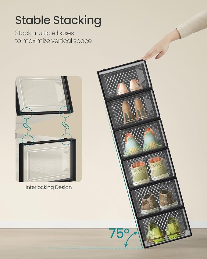 SONGMICS Shoe Boxes, Pack of 12 Shoe Storage Organizers, Stackable Clear Plastic Boxes for Closet, Sneakers, 13.1 x 9.1 x 5.6 Inches, Transparent and Black ULSP006B12 - Image 3