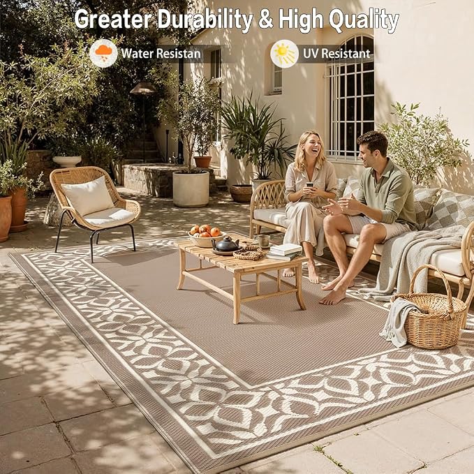PureCozy Outdoor Plastic Straw Rug Beige Brown Large Outside Waterproof Outdoor Patio 6x9 Carpet Geometric Reversible Mat Modern for Camping RV Porch Deck Balcony Beach - Image 8