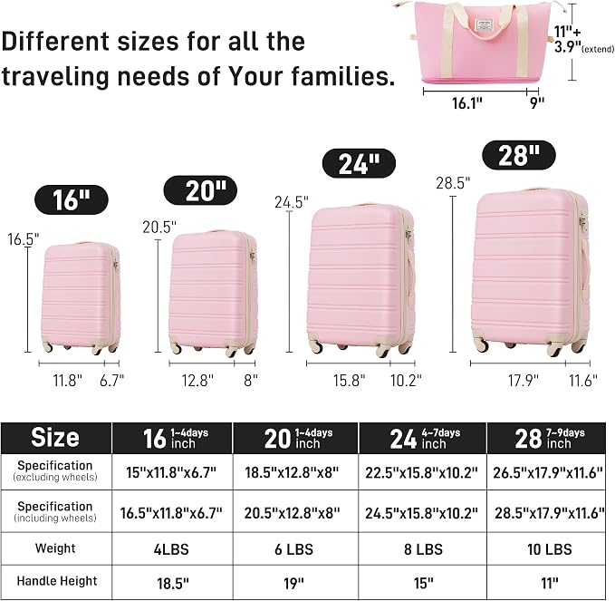Merax Luggage sets of 13 Piece 16 20 20 28 IN Carry on Luggage Hard Case Light Pink Luggage Expandable Checked Luggage Suitcase Set with Wheels - Image 2