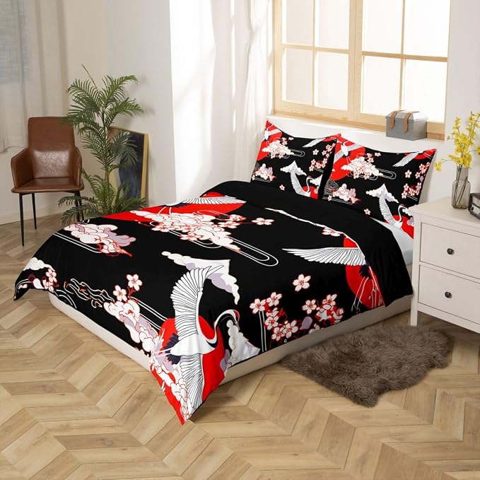 Erosebridal Crane Duvet Cover Twin Size Japanese-Style Bedding Set Cherry Blossoms Pattern Adult Women Girls Comforter Cover 2 Pieces Japanese Traditional Pattern Decor Comforter Set with Zipper Ties - Image 5