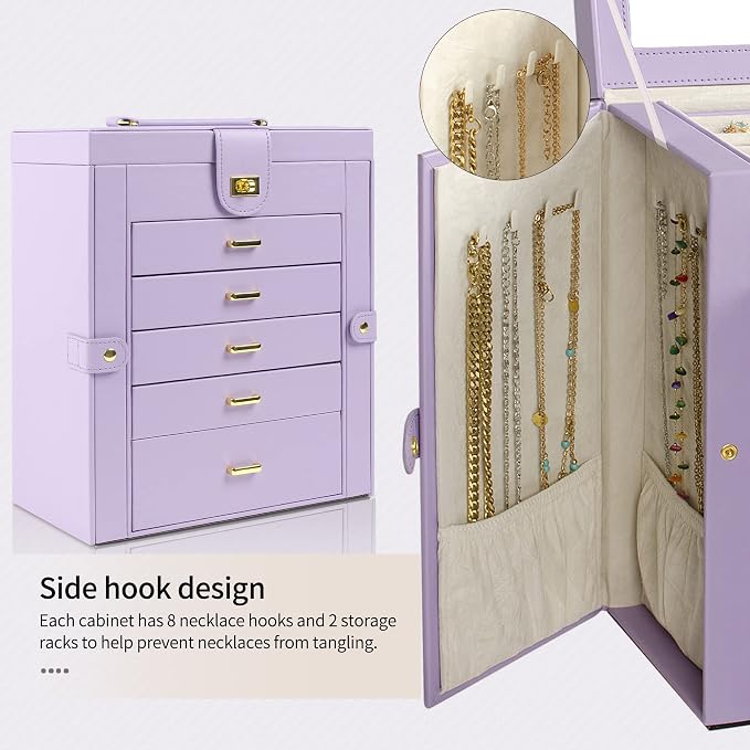 AKOZLIN 6-Tier Jewelry Box Organizer Functional 5 Drawers Leather Jewelry Storage Case for Women Girls Ring Necklace Earring Bracelet Holder Organizer with Mirror Violet Large - Image 6