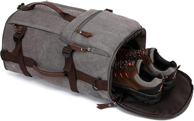 Kalesi Gym Duffle Bag Backpack 4-Way Vintage canvas with Shoes Compartment for travel Sport Hiking laptop (Vintage grey) - Image 7