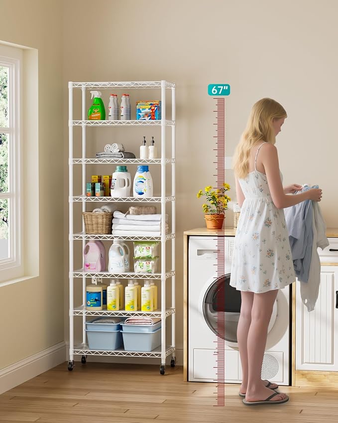 Golpart 8 Tier Shelves Storage Shelf Wire Closet Bathroom Organizers Metal Pantry Kitchen Garage Shelving Unit Laundry Room Organization Home Rack Net Basket Black with Wheels 12”D X 22”W X 74.2”H - Image 2