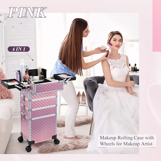 4 in 1 Rolling Makeup Trolley Train Case Cosmetic Suitcase, Box for Makeup Artist, Hairstylists, Nail Tech Students Barber Case with Keys Swivel Wheels - Shiny Pink - Image 6