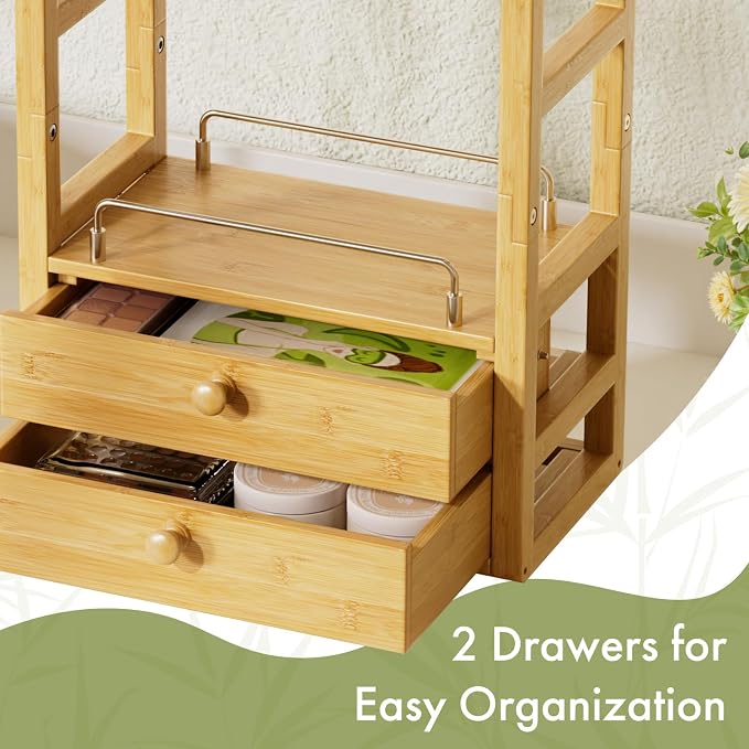 AmazerBath Bamboo Bathroom Countertop Organizer, 2-Tier Makeup Organizer with 2 Drawers, Vanity Organizer Storage Coffee Matcha Station, Compact Shelf for Bathroom Kitchen Office - Image 5