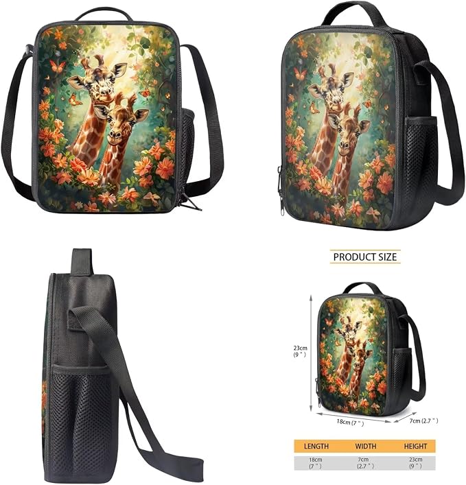 Retro Floral Giraffe Butterfly Print Schoolbag Set Large Capacity Bookbag Lunch Box Pencil Case Girls 17 Inch Travel Backpacks Rucksack Daypack with Adjustable Straps - Image 4
