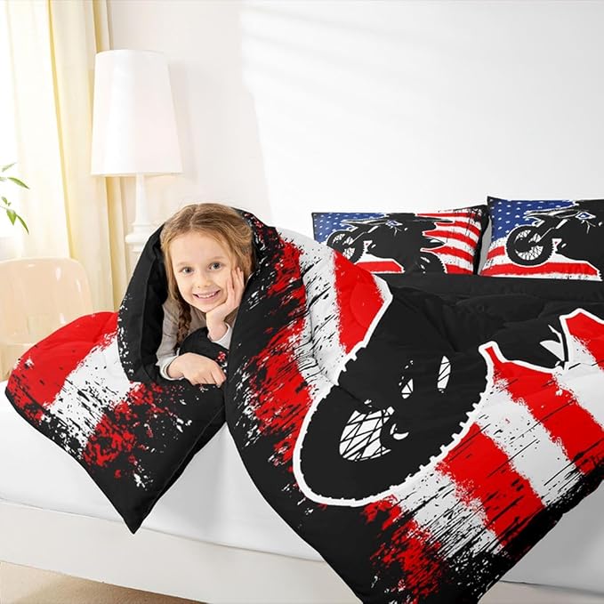 Dirt Bike Comforter Set Queen Motocross Comforter Retro American Flag Bedding Set for Kids Boys Teens Men Grunge Room Decor,Extreme Sports Tie Dye Bed Set Motor Biker Motorcycle Quilt Duvet Set 3 Pcs - Image 6