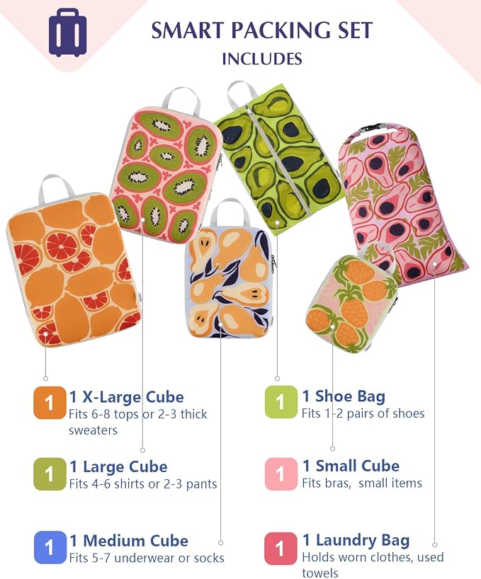 Gonex Compression Packing Cubes, 6pcs Expandable Storage Travel Luggage Bags Organizers with Shoe Bag Laundry Bag, Travel Cubes for Suitcase Carry On (Fruit) - Image 4