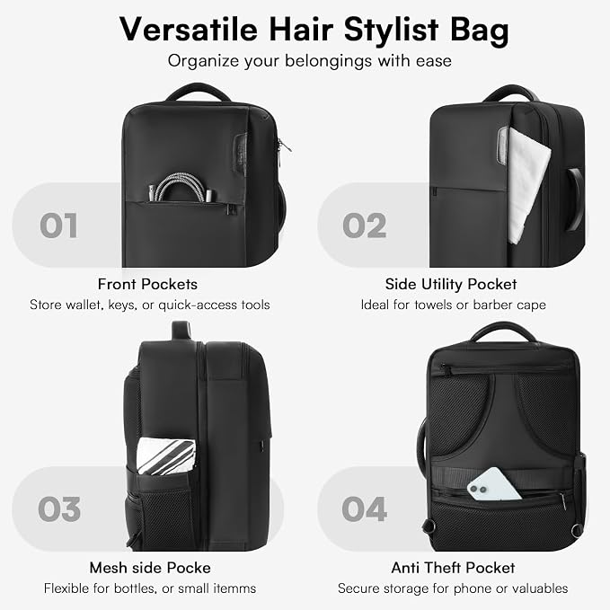 Barber Bag with 2 Pouches, Professional Hairstylist Travel Backpack with Adjustable Dividers, Hairdresser Hair Tools Bag with Insulated Pocket, Cosmetology Bags for Supplies, Water-resistant, Black - Image 7
