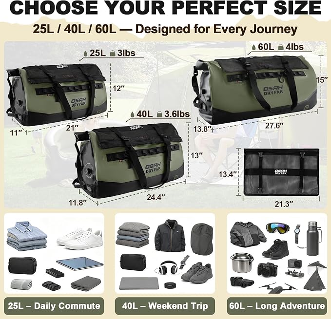 OSAH DRYPAK Waterproof Duffel Bag 25L/40L/60L – Heavy-Duty Motorcycle Tail Bag, Roll-Top Dry Bag for Travel, Camping, Boating, Kayaking, Outdoor Adventure - Image 2